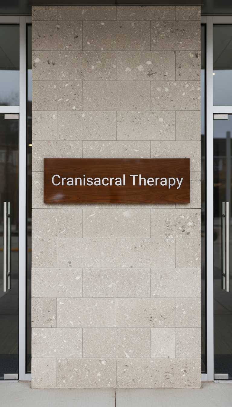 A glossy, deep brown wooden sign with cleanly engraved silver lettering spelling 'Craniosacral Therapy,' affixed level on a textured, neutral stone wall just outside a modern clinic entrance. Architectural elements include crisp glass panels and brushed metal door fixtures, arranged to complement the sign’s symmetry. Diffused, even daylight softly illuminates the scene, casting subtle, unobtrusive shadows that accentuate the engraving. The image is shot straight on for geometric clarity, with a focused depth of field ensuring sharpness across the entire sign and its balanced architectural setting. The composition is precise and sophisticated, blending a photo-realistic corporate style with a quiet, inviting sense of authority appropriate for advanced therapeutic services.